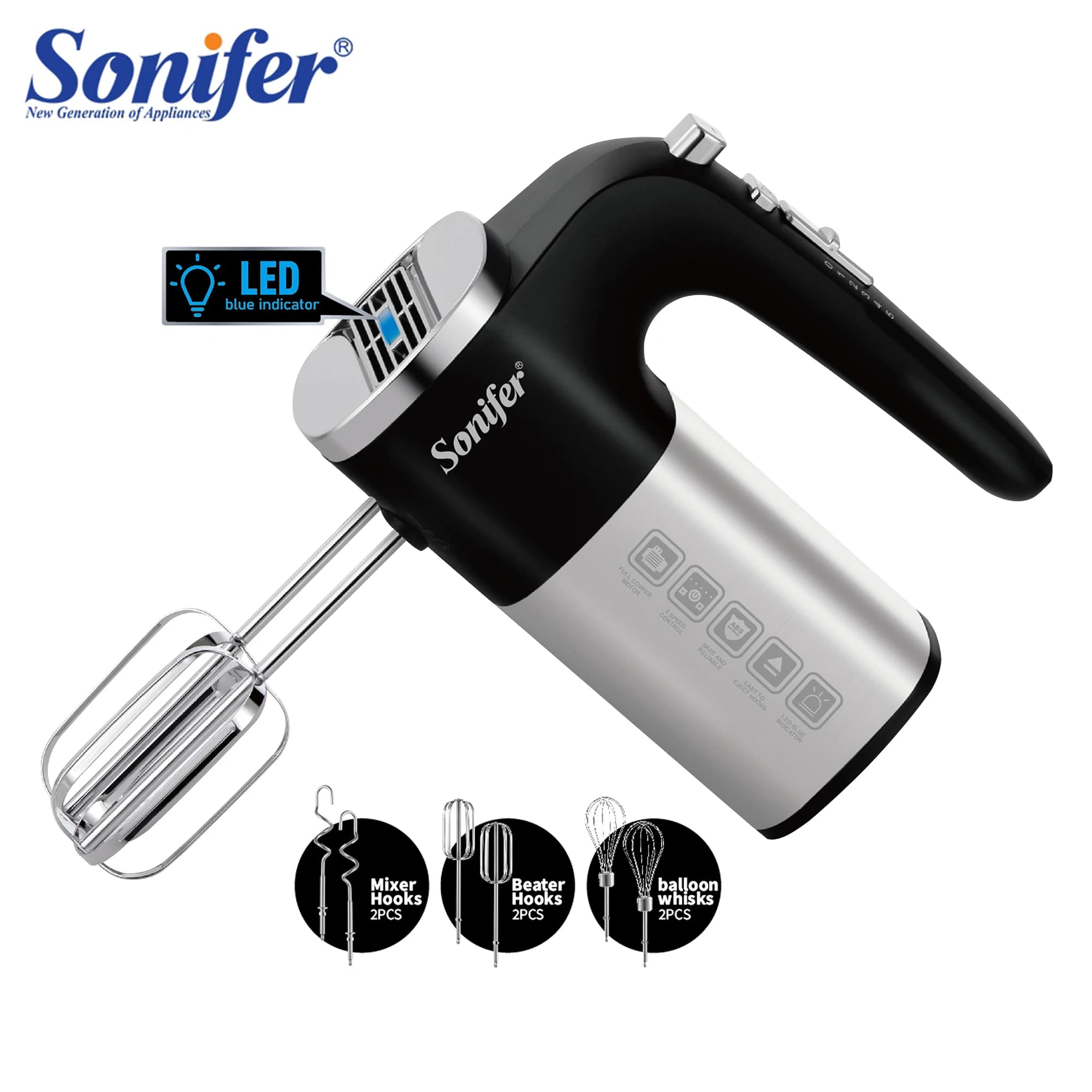 "Sonifer Hand Mixer SF-7078. Alloggiamento luminoso a specchio in acciaio inossidabile. Copertura anteriore con indicatore LED blu
