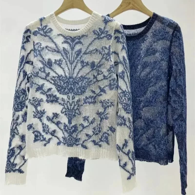 High Quality Hollow Out Flowers Jacquard Knitted Pullover Spring Summer Women Thin Sweater Luxury Long Sleeve Jumpers Tops K048
