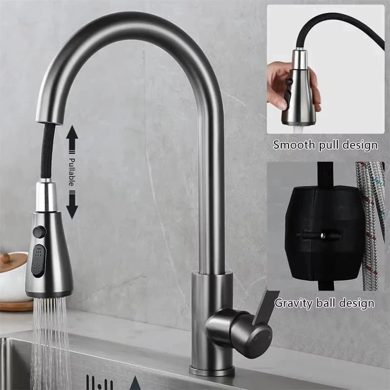Rubinetto da Cucina Estraibile in Acciaio Inox 304, Montaggio su Piano, Miscelatore con Doccetta a Spruzzo, Rubinetteria Caldo/Freddo per Cucina