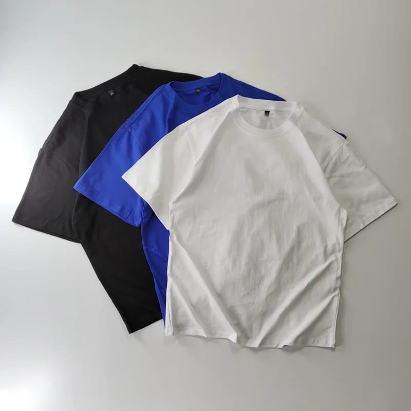 Heavyweight 300g Basic Color Pure Cotton Short Sleeve T-Shirt round Neck Men Loose Oversize Shoulder Drop Cuff Casual S...