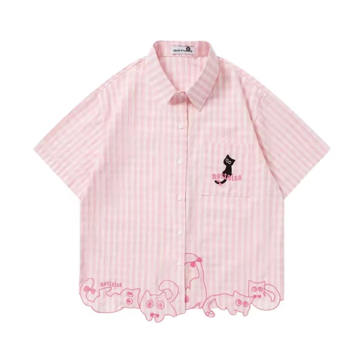 Chic Funny Cute Cat Embroidery Pink Striped Button Down Shirt - Short Sleeve Casual Summer Top Daily Sweet Preppy Style Japanese