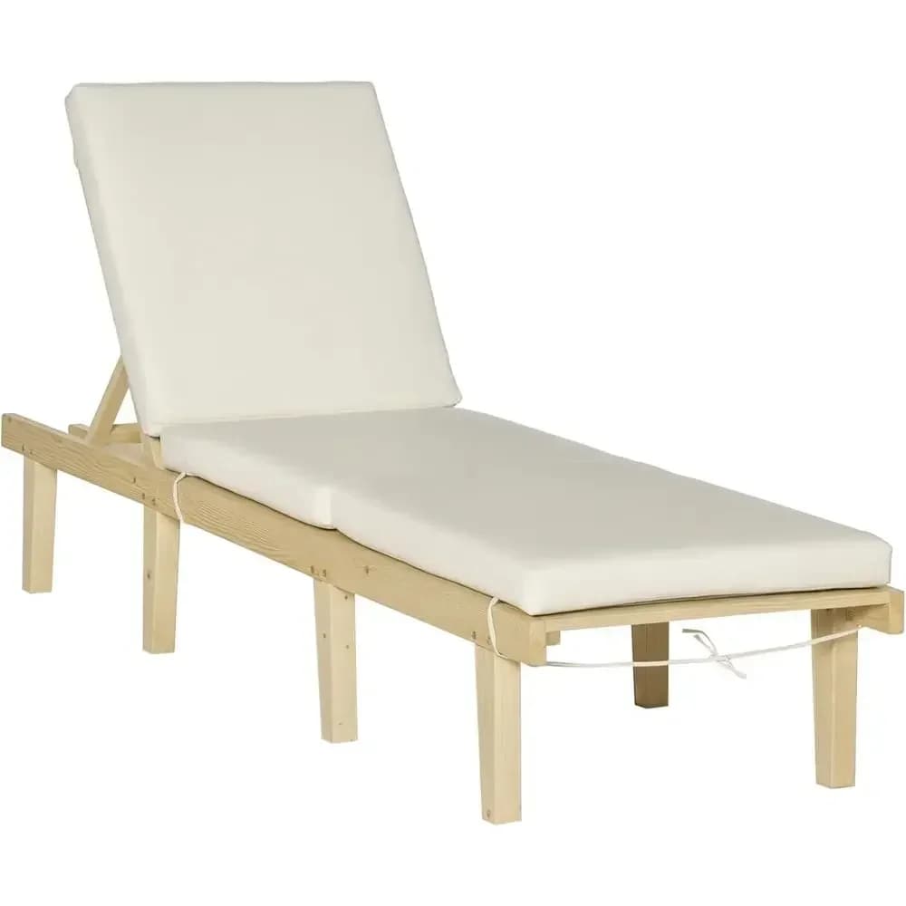 Adjustable 4-Position Wood Outdoor Lounge Chair with Cushion for Pool, Beach, and Lawn Relaxation