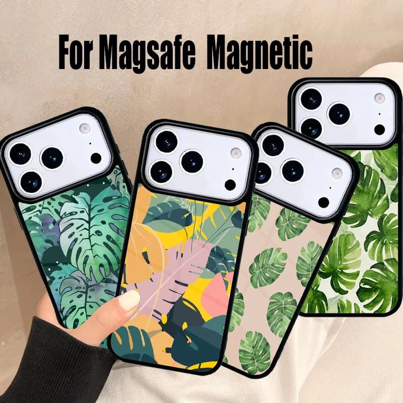 Cover per iPhone con Foglie di Monstera Tropicale per iPhone 17 Air 16e 15 14 13 12 11 Pro Max Plus, Cover Magnetica Wireless Magsafe