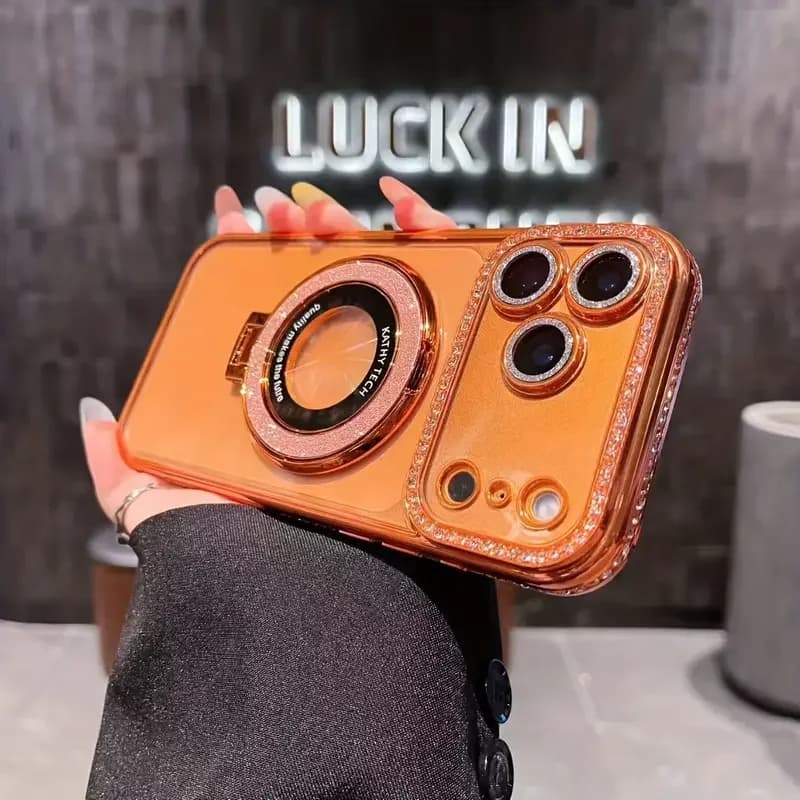 Luxurious Edge-Stripped Diamond Case Suitable for iPhone 17, 16, 15, 14, 13, Pro Max Plus, Equipped with Lens Cover