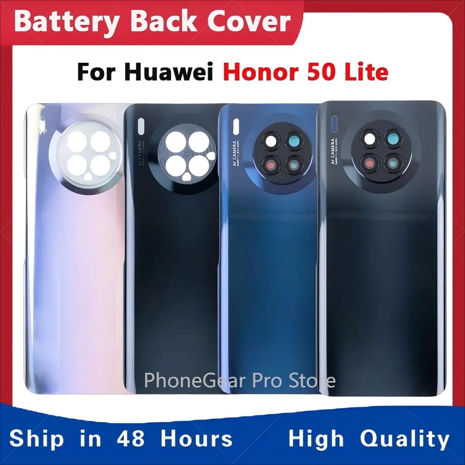 New For Huawei Honor 50 Lite Battery Back Cover 3D Glass Panel Rear Door Housing Case With Camera Frame Lens+Adhesive