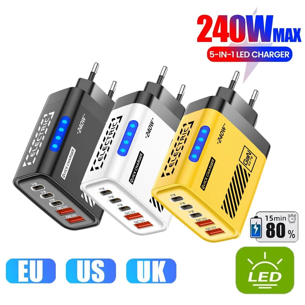 Caricatore USB C GaN 240W 5 in 1 multiporta a ricarica rapida con LED e spina EU/US/UK per iPhone 16, Xiaomi, Samsung