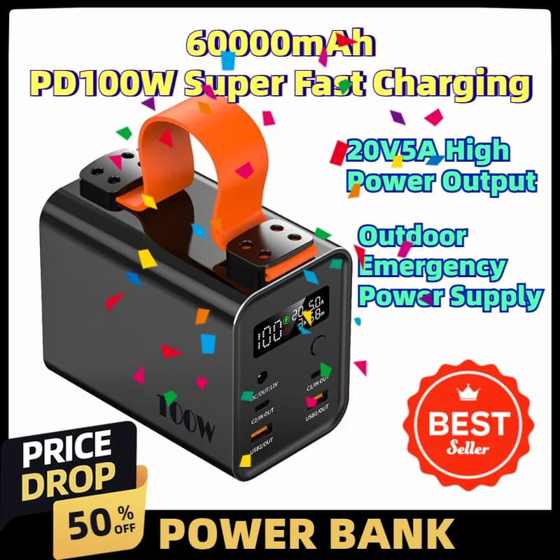 60000mAh Power Station PD100W Super Fast Charging 20V5A High Power Outdoor Emergency Battery for Camping Travel