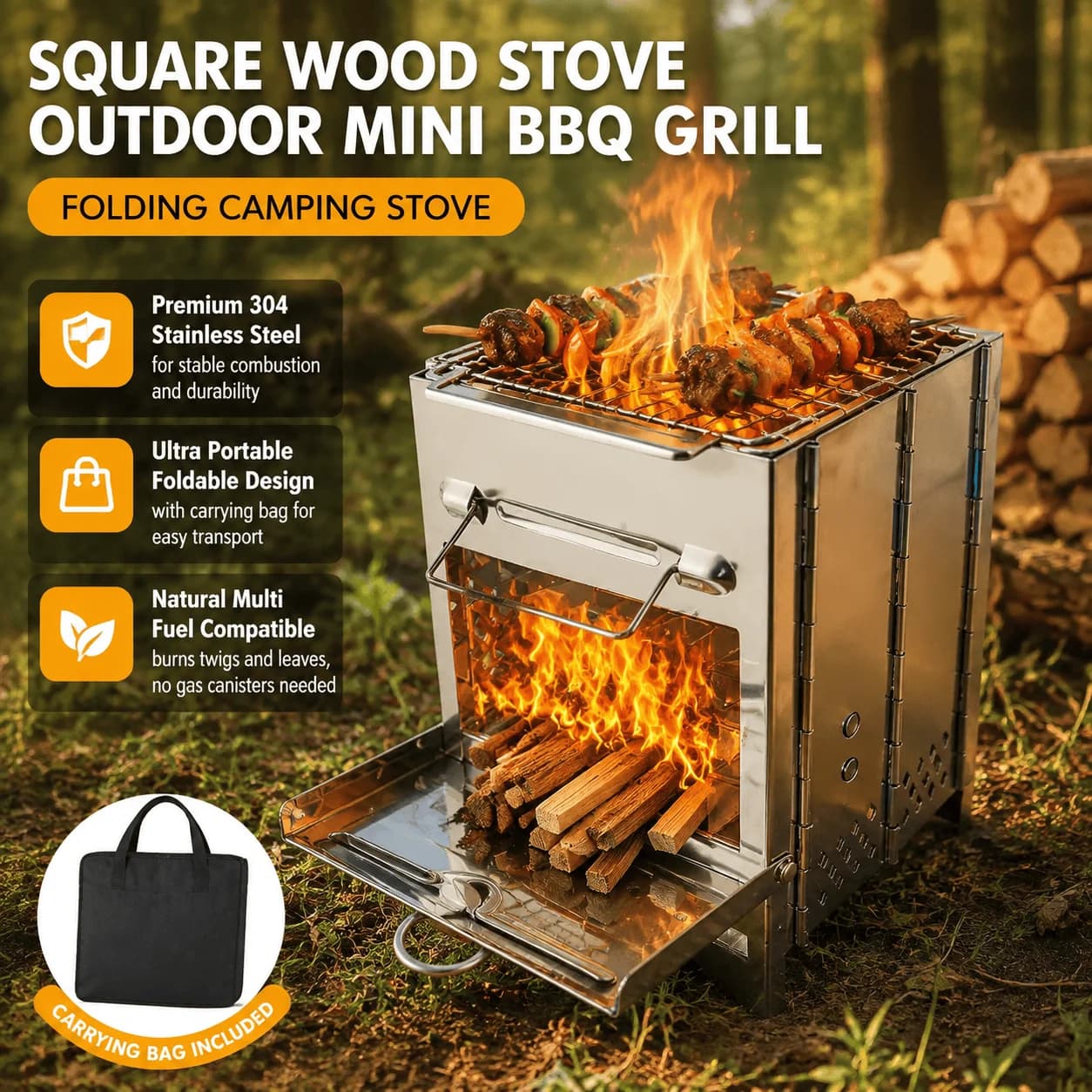 Camping Stove Portable Grill Wood Burning Stove Foldable BBQ 304 Stainless Steel Outdoor Cooking Backpacking Stove Camp Gear