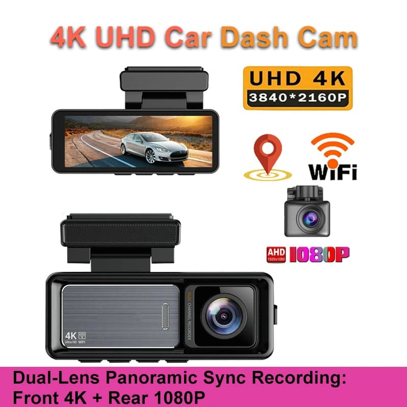 Video Recorder for Auto 3.2 Inch 4K 1080P, Front Camera and Back with Night Vision HDR, WiFi, Loop Registration, GPS Navigation