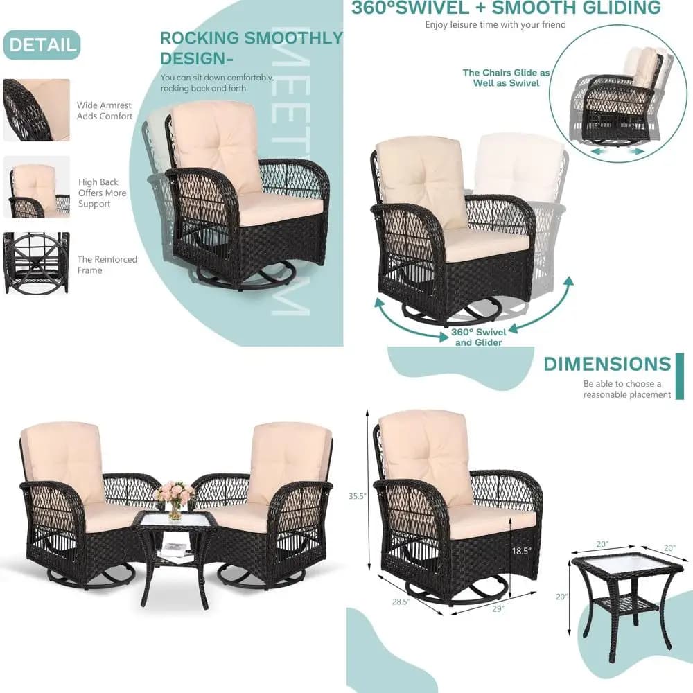 Set da patio con 3 sedie a dondolo girevoli in vimini per esterni, set di mobili da patio in rattan con cuscini ispessiti e piano in vetro