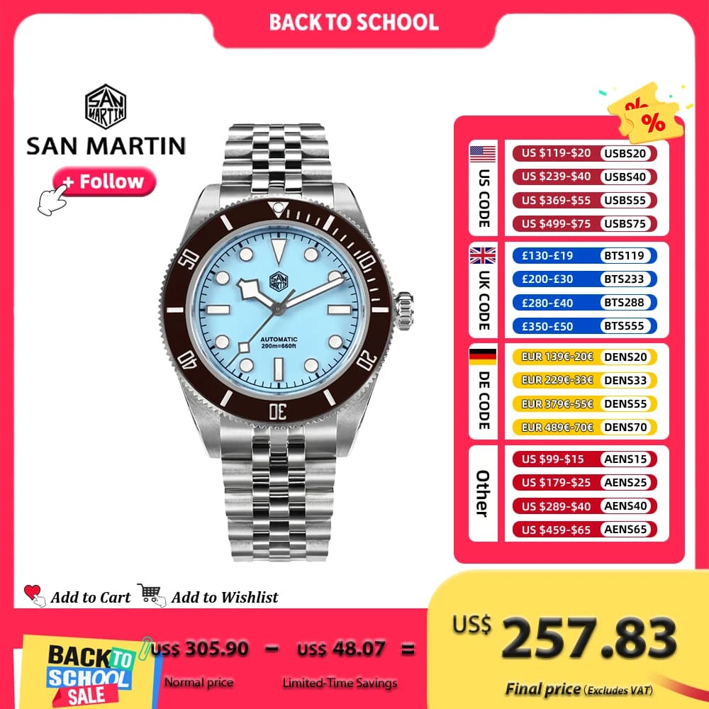 San Martin 40mm Diver Watch Enamel Dial Light Blue Pink Stainless Steel NH35 Automatic Luminous 200m Waterproof for Men SN0128