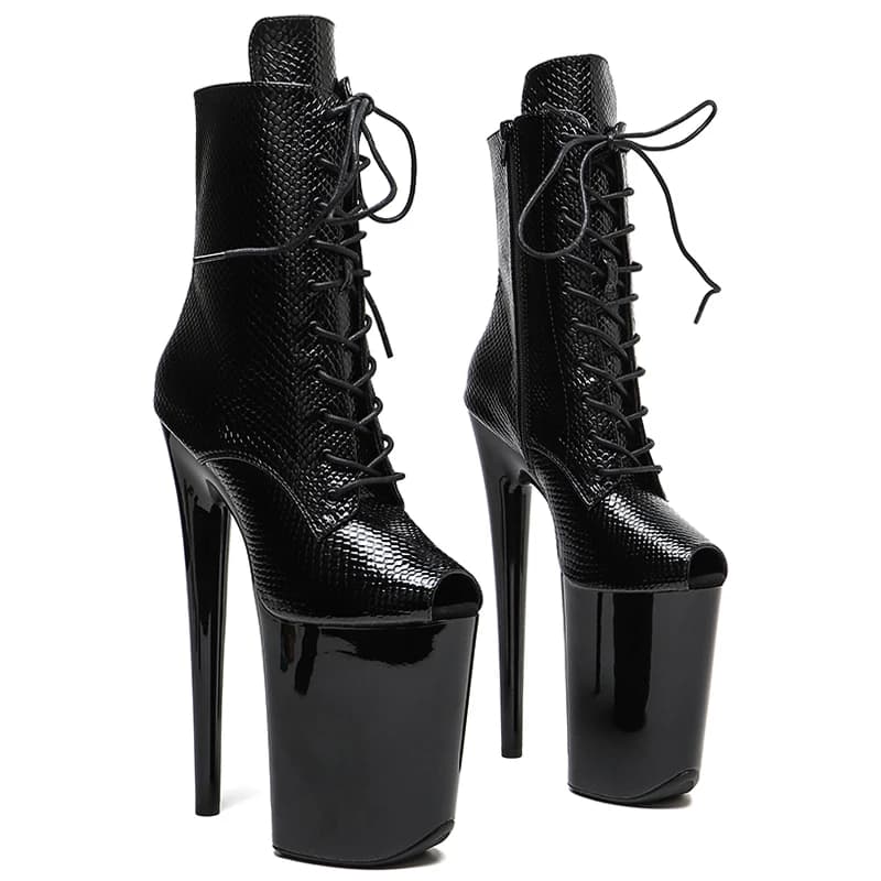 Leecabe Stivali da Pole Dance con Tacco Alto 23CM/9 Pollici, Punta Aperta, in Ecopelle Lucida Effetto Pelle di Serpente, Moda Trendy