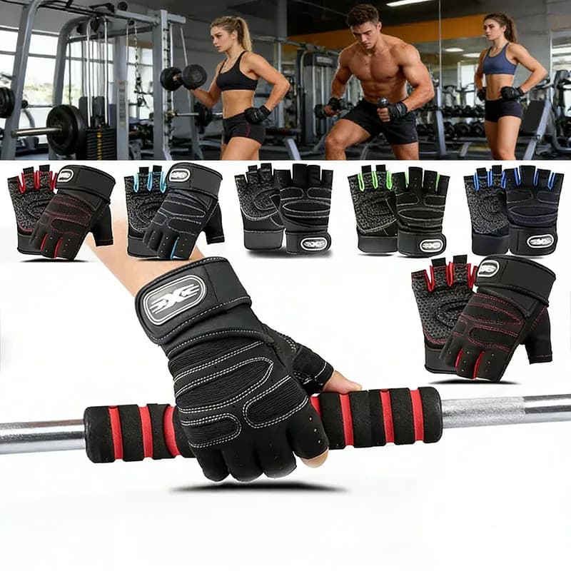 Unisex Training Gloves with Wristband, half finger sports gloves for weight lifting, gym workout, cycling and motorcycling