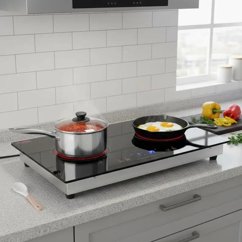 Ceramic Radiant Stove 24 Inch For Apartment Home Kitchen RV, 1800W Double Burners Built-in Glass Cooker Panel Touch Control Timer Child Lock 9 Heat Levels Residual Heat Indicator 120V