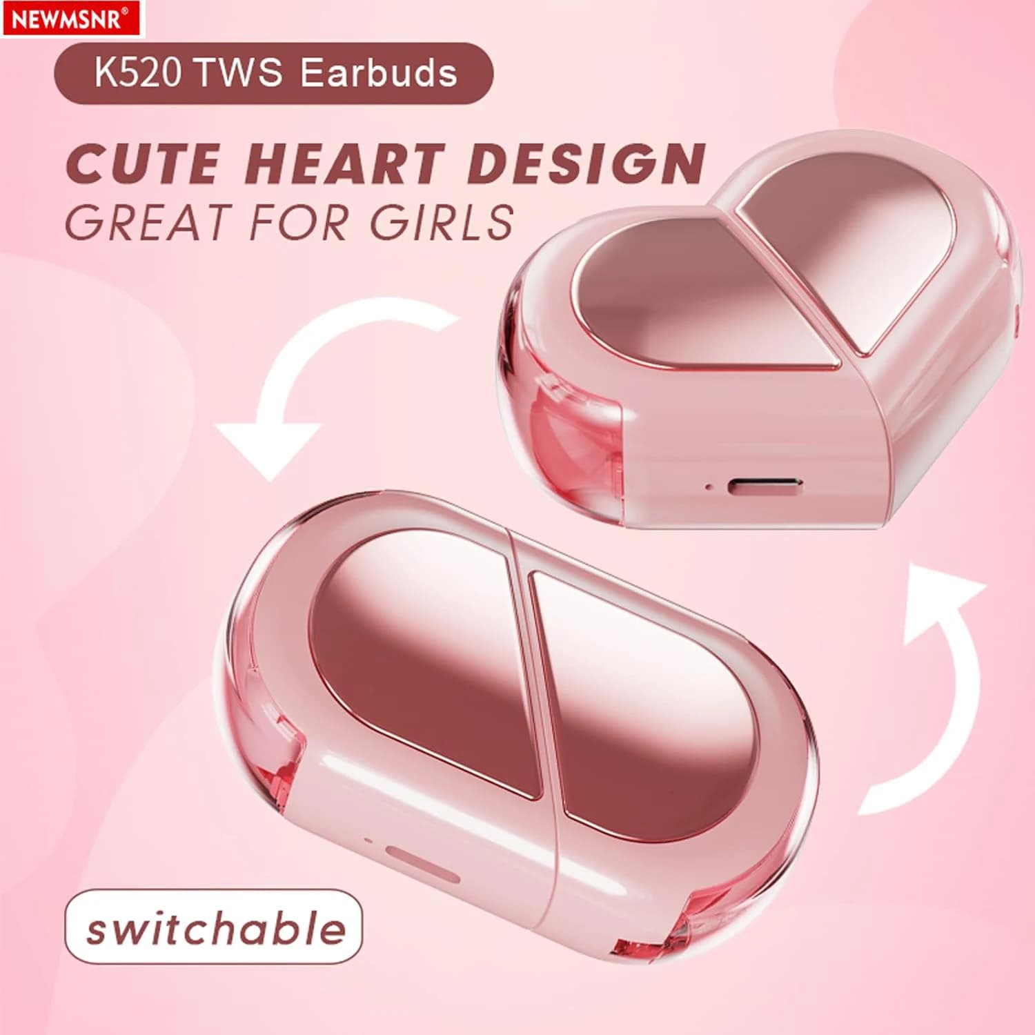 (Regali per ragazze) Auricolari Bluetooth wireless girevoli a forma di cuore Cuffie audio HIFI Auricolari touch control Cuffie da gioco