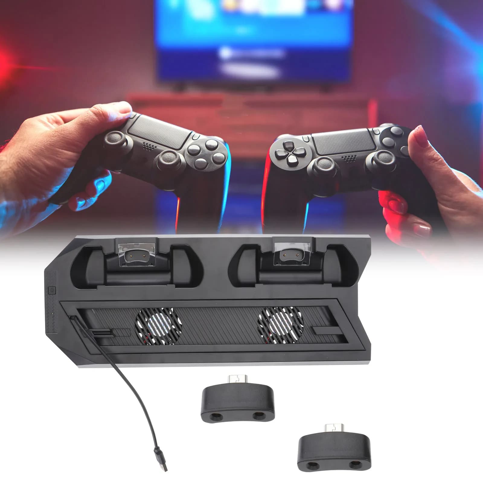 Supporto verticale di raffreddamento per stazione di ricarica con doppia ventola, 2 porte per controller, hub USB, nero