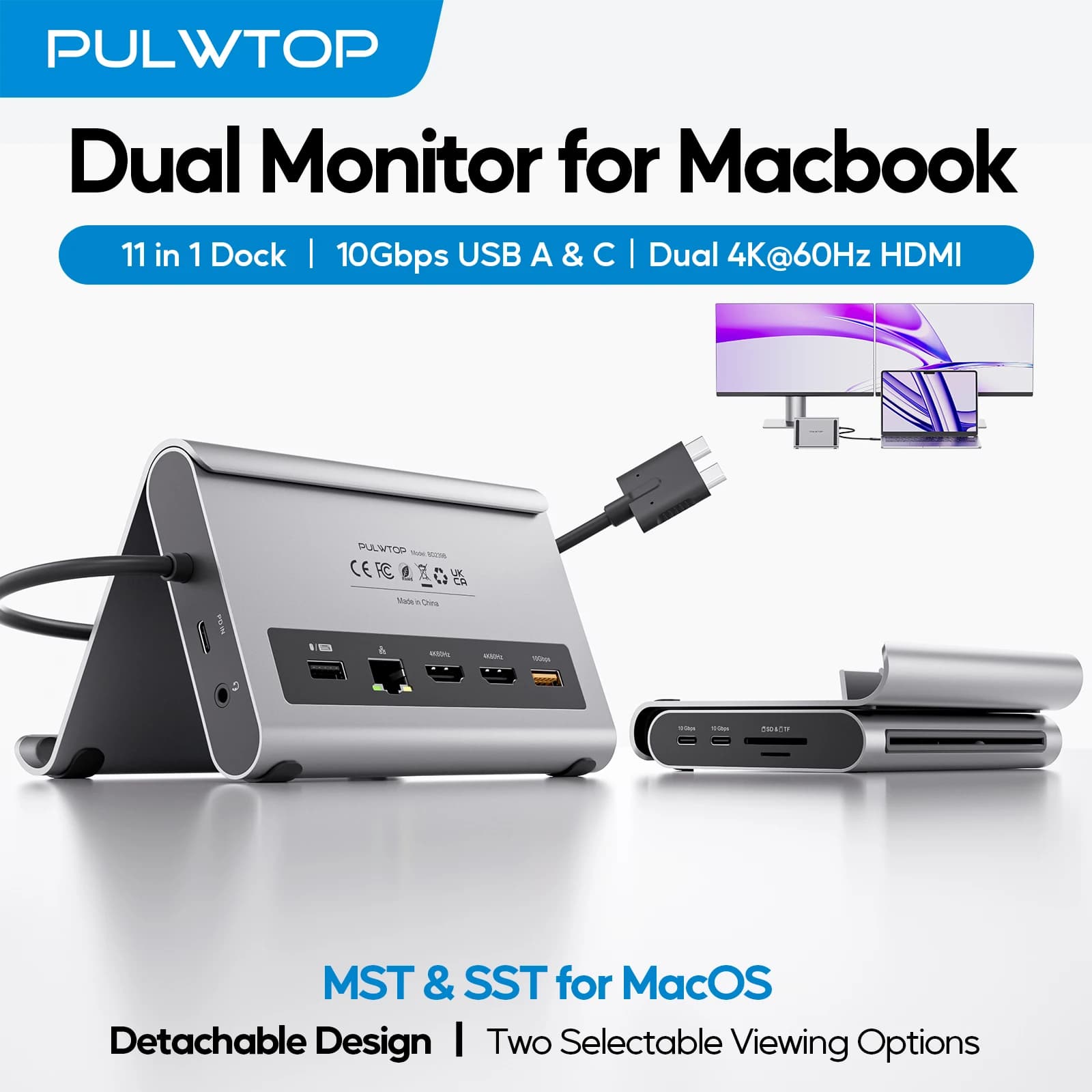 PULWTOP Docking station 11 in 1 per laptop con 2 HDMI, PD, Ethernet, USB-A/C 10 Gbps, per MacBook Pro/Air M3Pro/M4/M5 Pro