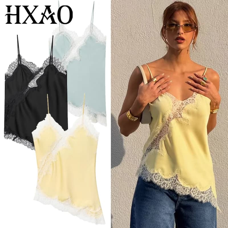 HXAO 2025 Donna Asimmetrico Slip Top Donna Sexy Nero Giallo Blu Top Canotte in pizzo e canottiere Chic Y2K Senza maniche Backless Canotta