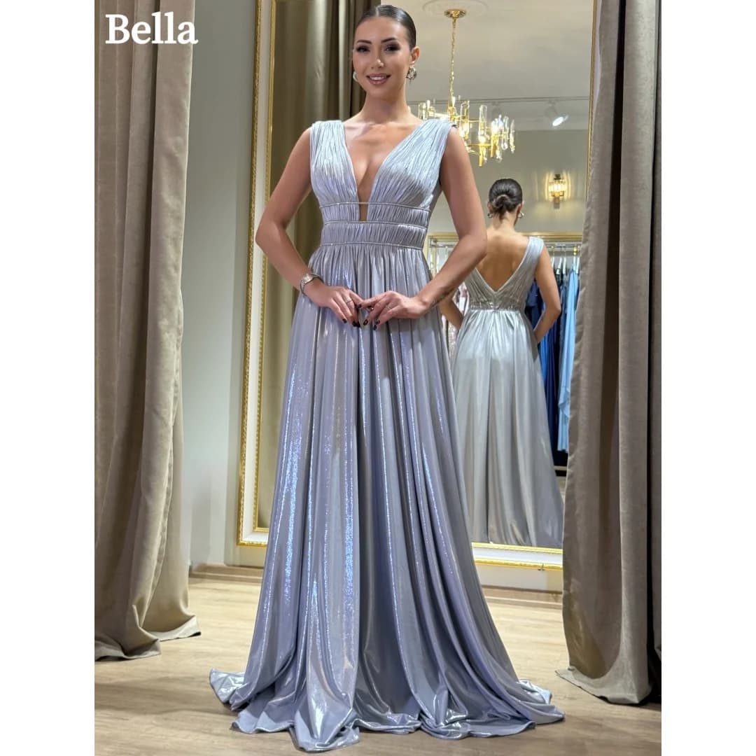 Bella Customized Glitter Fabric Draped Pleats Prom Dress Glitter Shimmer vestidos de noche Floor‑Length Evening Dresses 2026