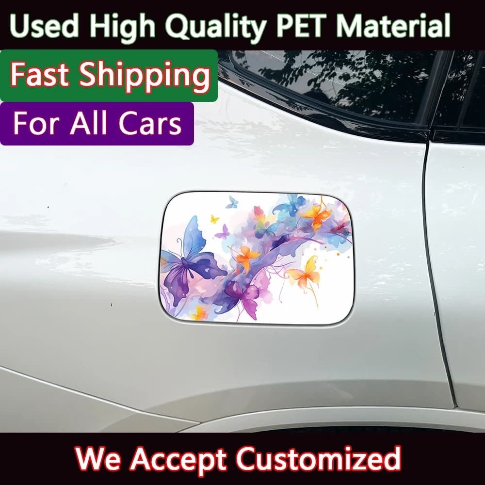1PC Purple Orange Watercolor Flying Butterfly Car Fuel Tank Sticker PET Waterproof Soft Ink Art Auto Fuel Cap Exterior Decal