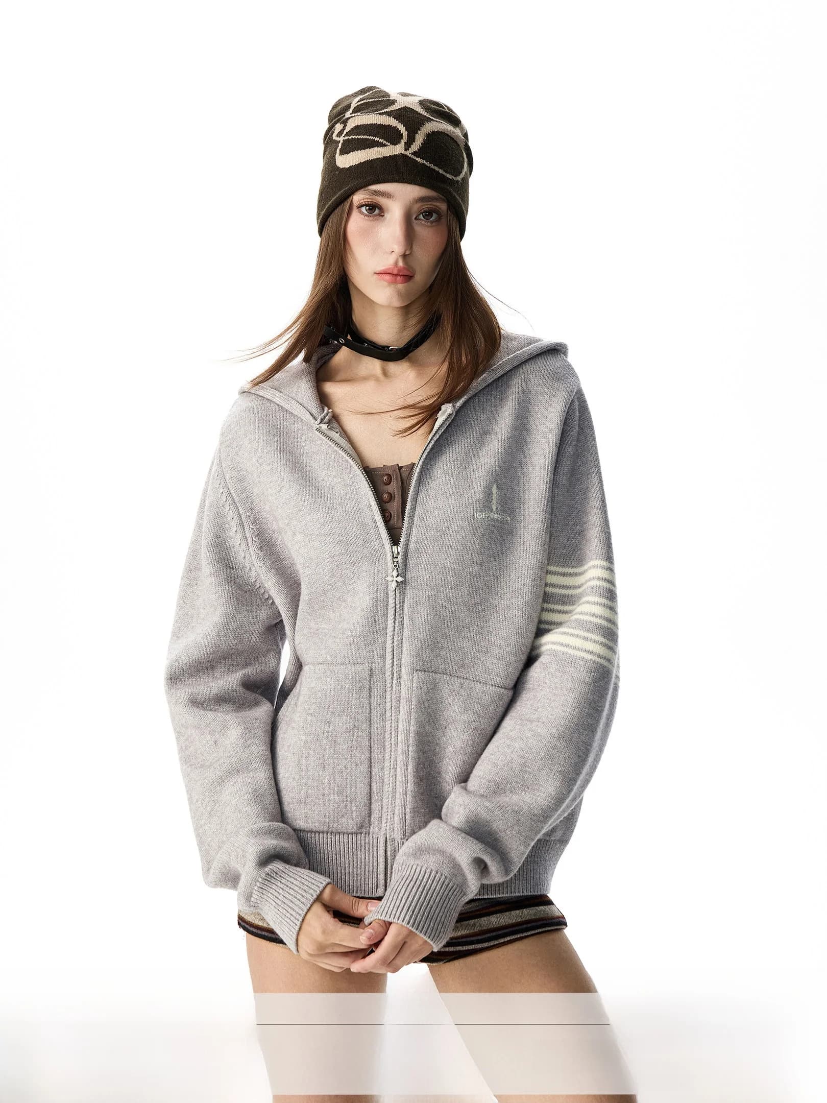 Soft Cozy Knitted Three-Striped Hooded Cardigan Jacket Women's Loose Fit Autumn 2026 Casual Style Embroidered Sweater Top