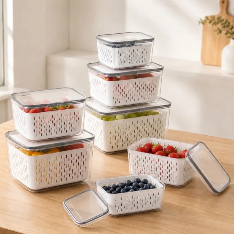 Simple and Durable Food Sealed Fresh-keeping Box Food-grade Fruit and Vegetable Drain Storage Box Freezer Storage Box with Lid