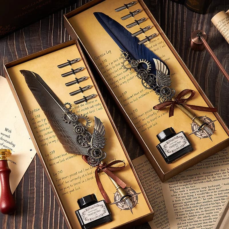 5color Machine Feather Dip Pen Set,Replaceable 5 Nib,Ink-Containing,Creative Quill Writing Artist Calligraphy Signature Pen 7003