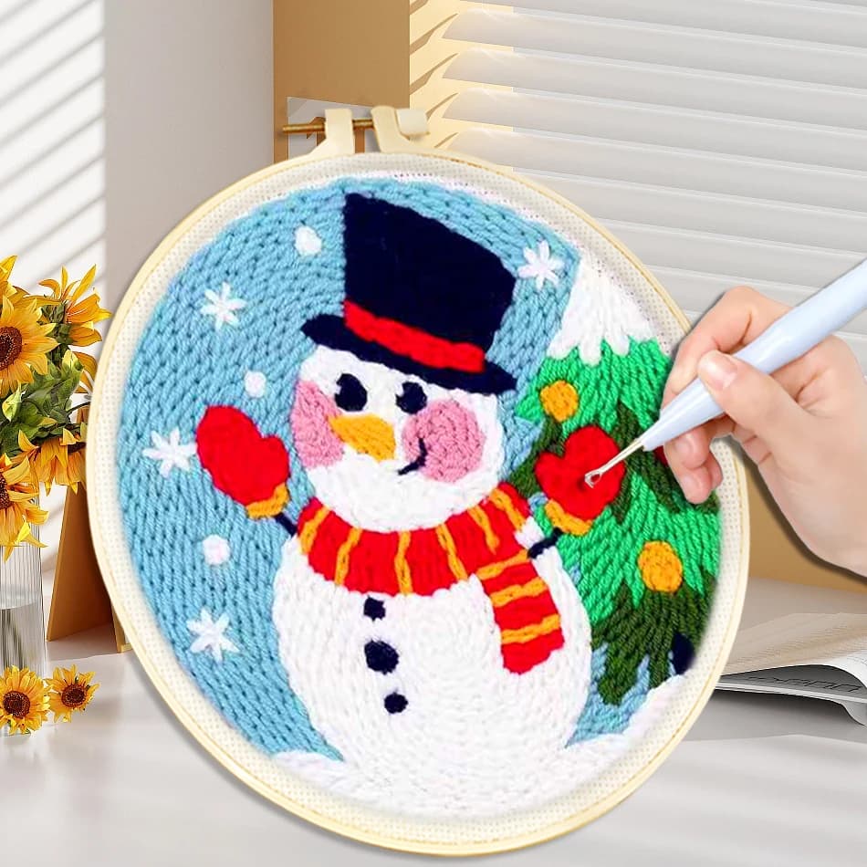 Snowman Punch Needle Kit Christmas Tree Embroidery Hoop Art Cross Stitch Beginner DIY Holiday Craft Decor Gift for Family