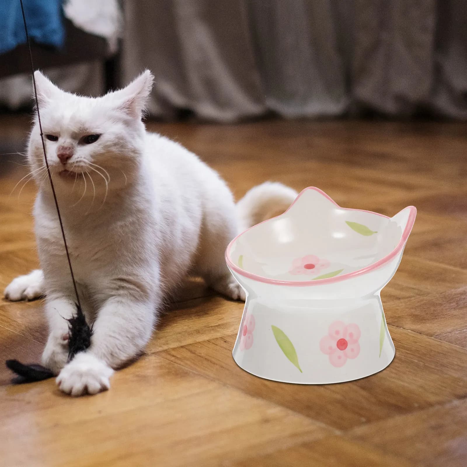2 Ciotole Rialzate per Gatti con Design a Orecchie di Gatto, Antiscivolo, per Cibo e Acqua, Superficie Liscia e Lucida, Facili da Pulire