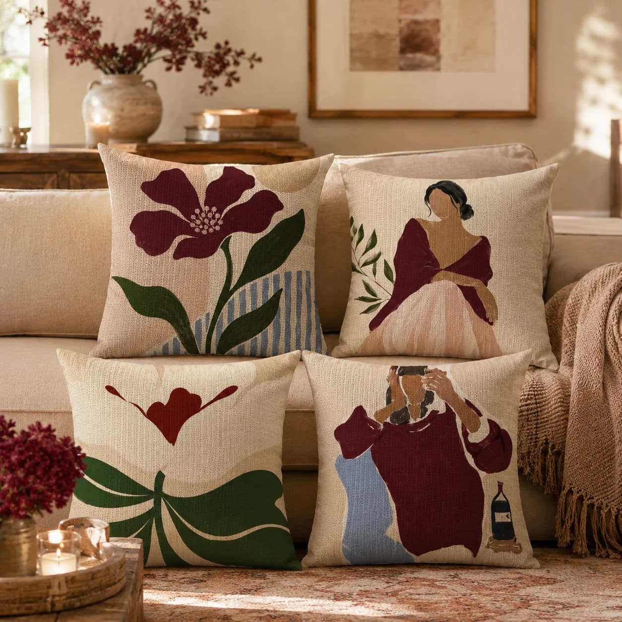 Red Striped Girl Flower Line Face Linen Cushion Cover Double-Sided Printed Breathable Soft Pillow Case For Sofa Home Gift