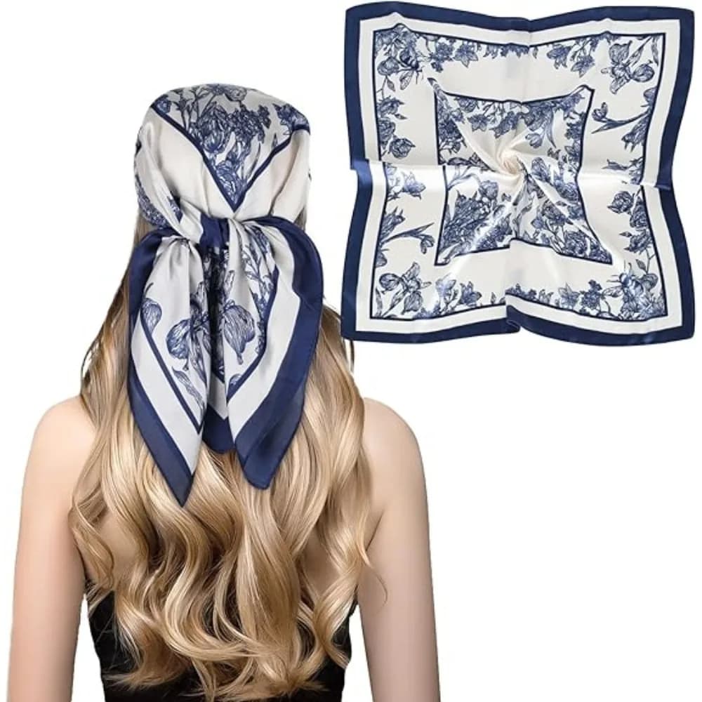 1 Pezzo Hijab Floreale Blu Navy 68cm, Sciarpa Estiva in Poliestere per Donna, Protezione Solare per Collo e Viso