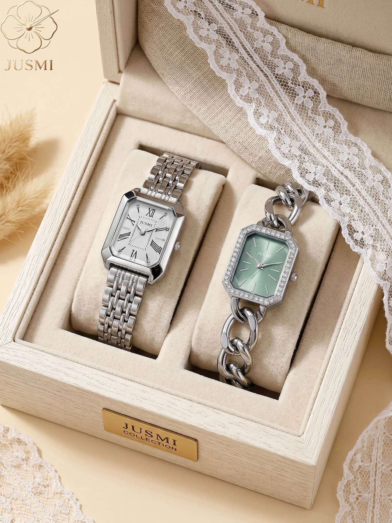 1 pz/set JUSMI Orologio da donna al quarzo quadrato, orologio da polso di lusso con bracciale in acciaio inossidabile per donna