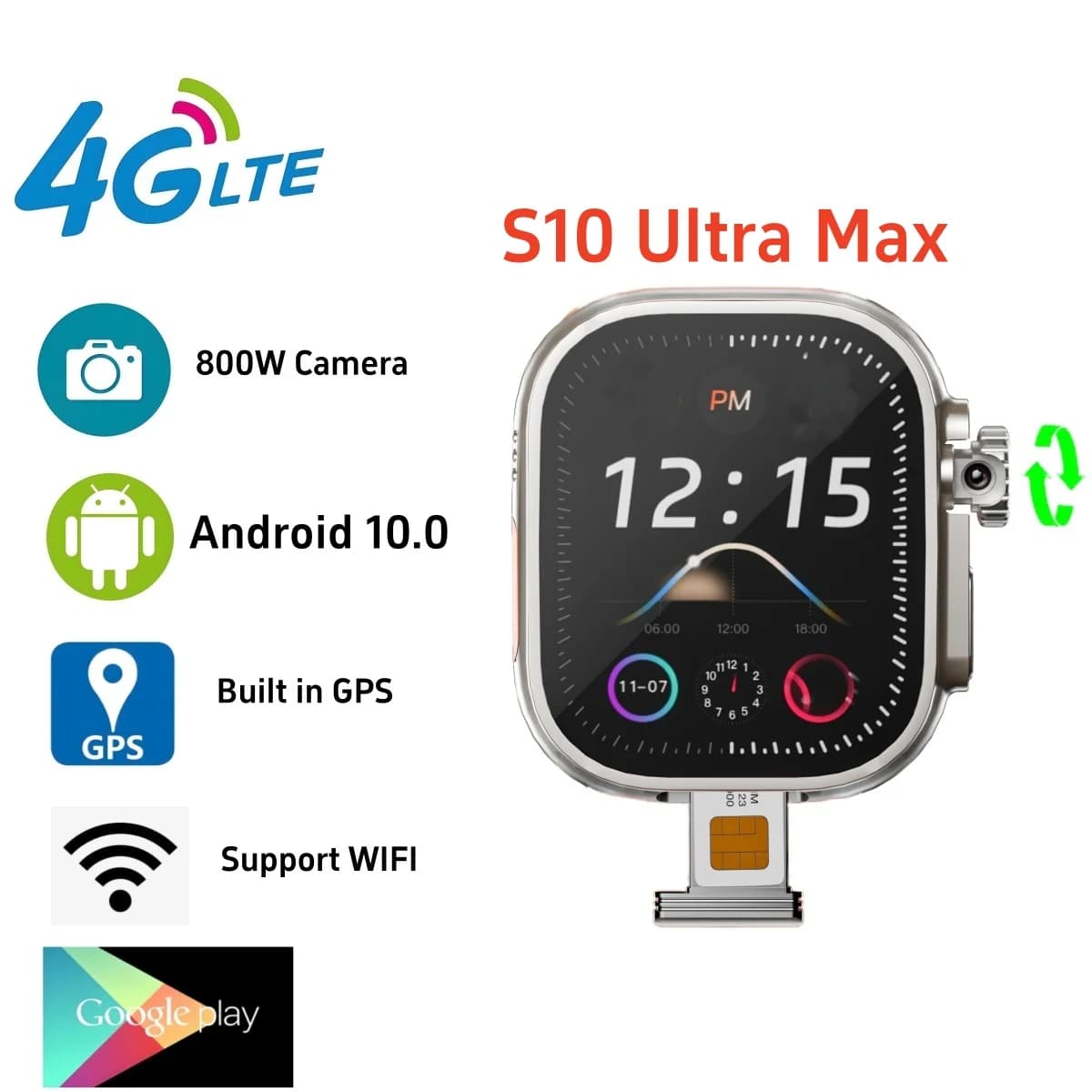S10 Ultra Smart Watch 4G/5G LTE Android 10.0 Sistema 180 ° Telecamera rotante WIFI GPS S9 Ultra Smartwatch da uomo NFC Google Play Store
