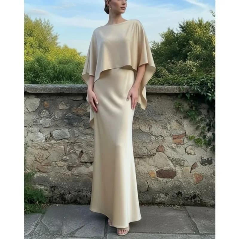 Women's Elegant Cape Style Solid Color Party Evening Maxi Dresses Batwing Sleeve Split-Joint Boat Neck Floor Length Kaftan Dress