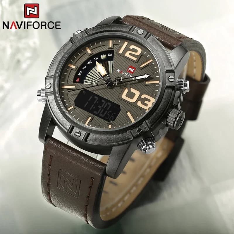 NAVIFORCE Orologio da uomo delle migliori marche Orologio da polso sportivo digitale multifunzione a LED Orologio da uomo elettronico al quarzo con cinturino in pelle militare di lusso