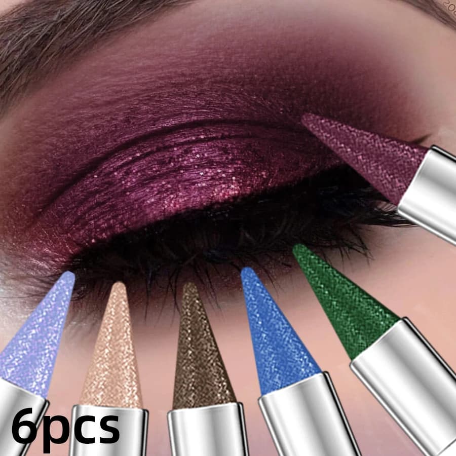 6pcs Metallic Brown Blue Waterproof Eyeshadow Pen Glitter Shiny Eye Shadow Stick Korean Makeup for Women Gifts Pear Eye Cosmetics Smoky Black
