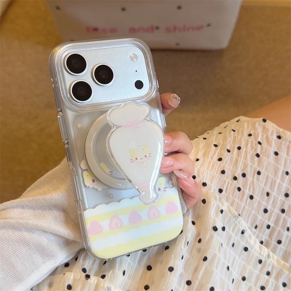 Korean Cute Strawberry Cartoon Cat Clear Phone Case for iPhone 16 15 14 13 16 Pro Max 17 Pro Cover with Magsafe Bracket Funda