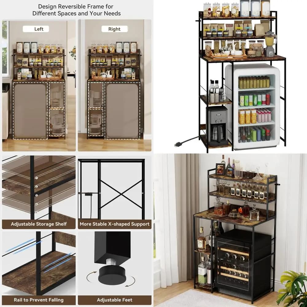 5-level shelf with support for mini fridge, space saving kitchen shelf, adjustable organizer with power outlet, brown