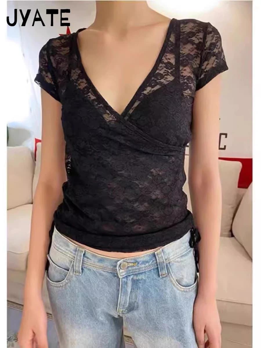 Harajuku Jacquard trasparente Crop top donna estate fiocco pizzo maglia scollo a V Lace -up manica corta Tee dolce Slim sottile sottile t-shirt Y2K