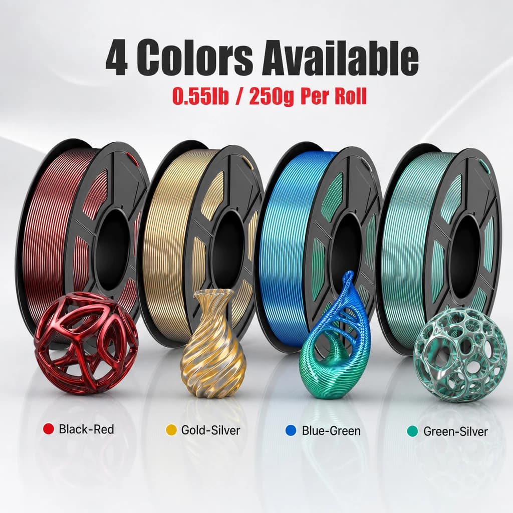 Silk Dual Color PLA Filament 1.75mm Two Tone Black Red Blue Green Gold Silver Silver Green For FDM 3D Printer
