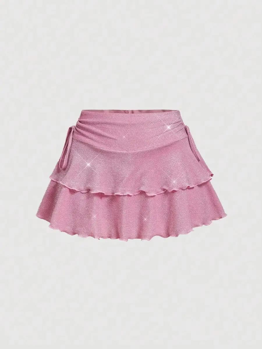 Low Waist Side Tie Multilayer Ruffle Glitter Pink Mini Skirt For Women Festival Party
