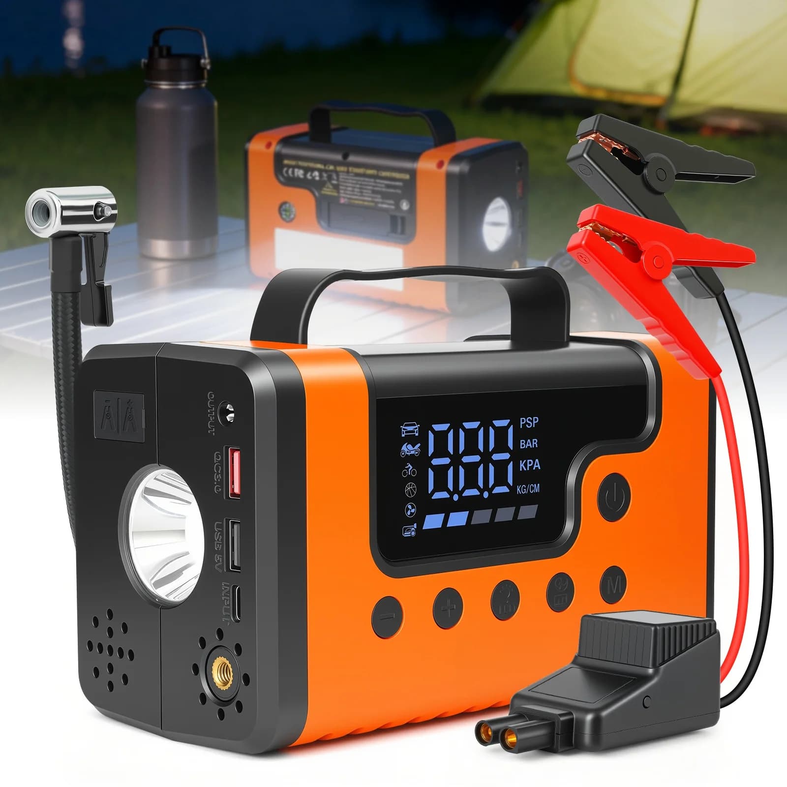 8-in-1 Emergency Jump Starter 600A (1200A Peak) 10000mAh with Air Pump Compressor Vacuum & Inflator 5000Pa Suction 150PSI Compressor LED Lighting Red/White Emergency Flashlight 12V for Gasoline & Diesel Vehicles