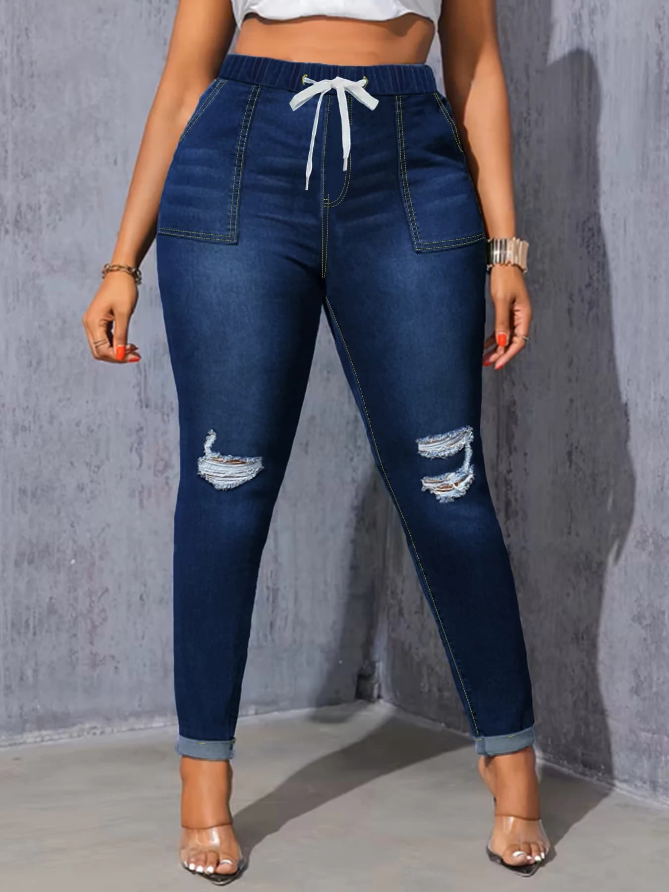 Jeans in denim slim fit a vita alta taglie forti per donna Jeans da donna vintage strappati con fondo curvo elastico taglie forti