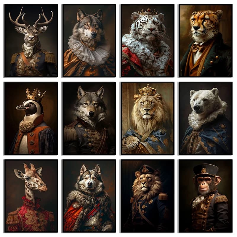 Victorian Animal Portrait Gallery Wall Royal Animal Canvas Painting Renaissance Funny Animal Portrait For Home Living Room Decor