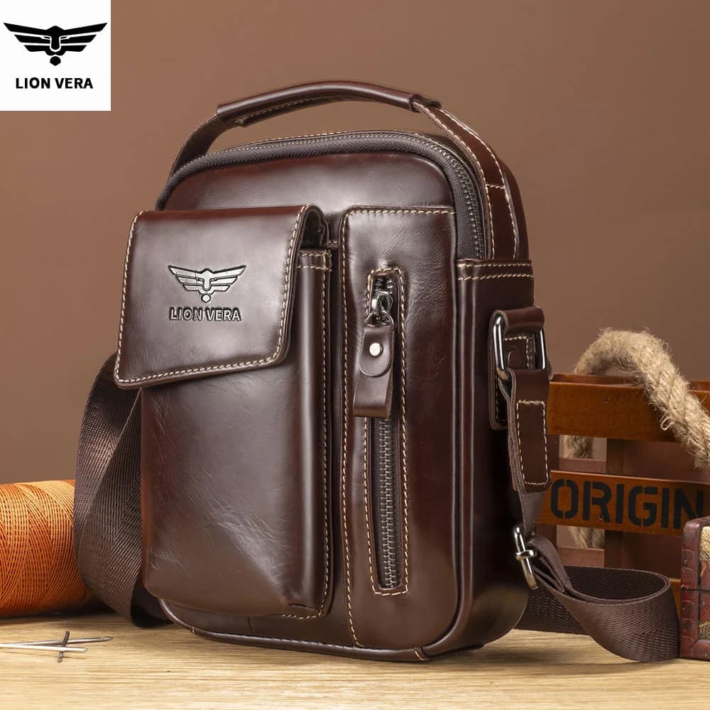 LION VERA Men's Genuine Leather Shoulder Bag 7-inch Tablet Computer Bag Business Commuter Handbag Leisure Messenger Bag