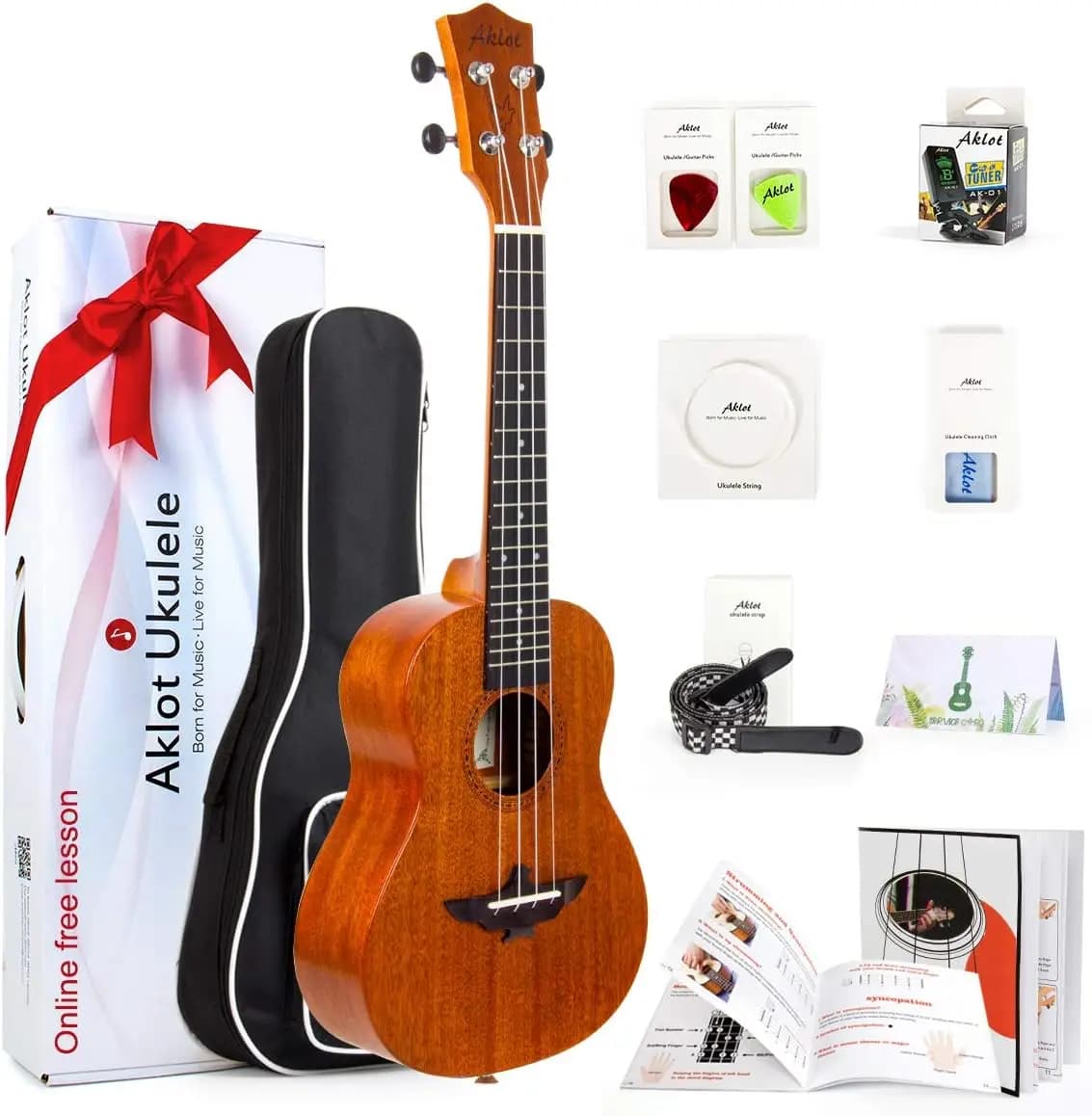 Kit Ukulele Concerto in Mogano Massiccio da 23 Pollici per Principianti con Lezioni Online e Accessori