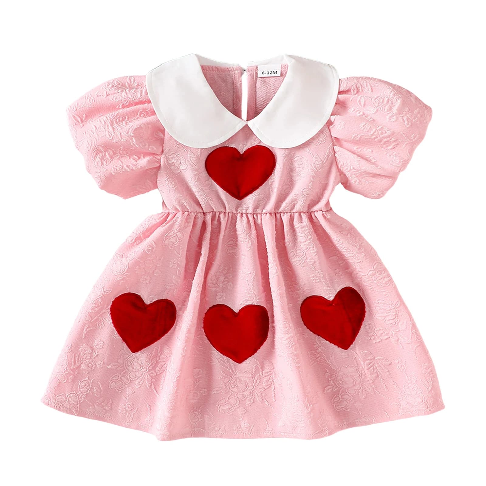 Abito estivo per bambini, bambina, abito a linea, manica corta a sbuffo, colletto per bambola, abito con ricamo a cuore