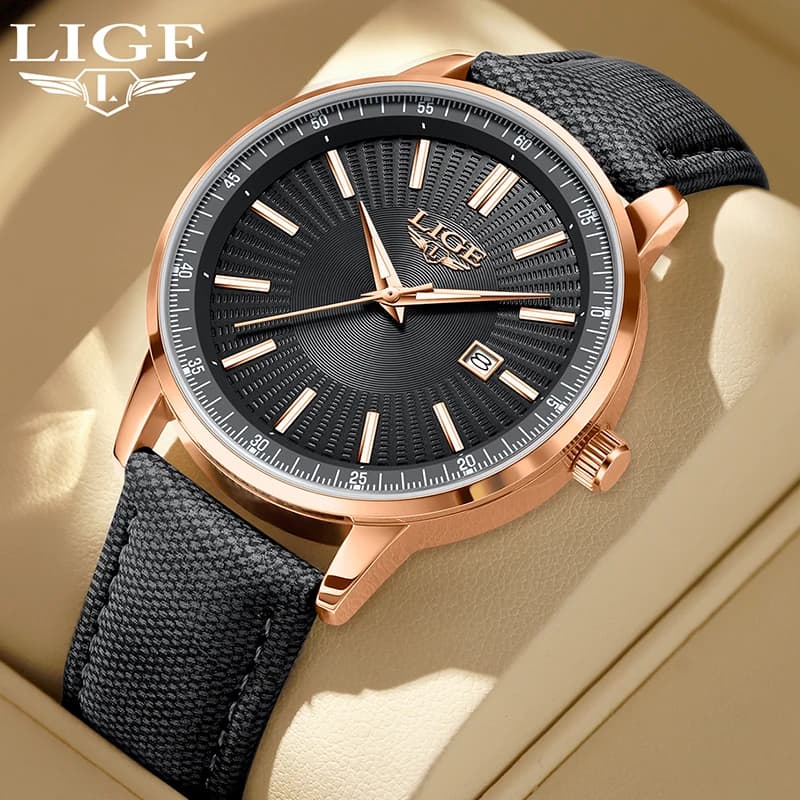 LIGE New Black Leather Watch For Men Rose Gold Waterproof Men's Quartz Wristwatch Fashion Business Date Chronograph Montre Homme