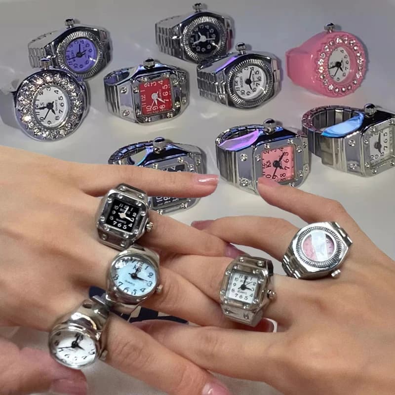 Vintage Punk finger watch with Elastic Strap, Mini League Watches, Jewellery Rings for Couples, Retro Quartz Clock with Roman Numerals, Women's Watch Rings