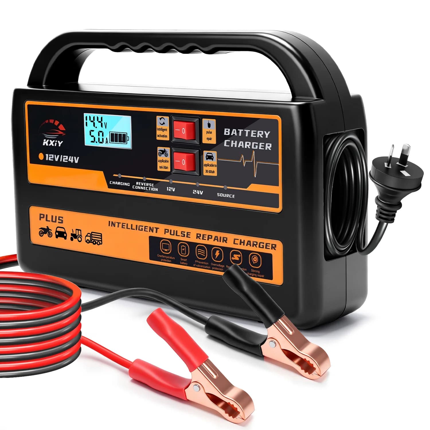 KXIY W08 12V/10A 24V/5A Car Battery Charger with AU/EU/US/UK Plug Fully Automatic Pulse Repair for Lead Acid AGM GEL Batteries